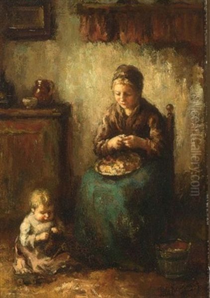 A Cottage Interior With A Mother Peeling Potatoes, Her Child Playing On The Floor by Albert Johan (Jan) Neuhuys