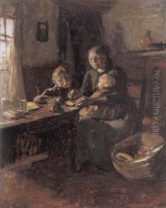 Moeder Met Twee Kinderen Aan Tafel Voor Het Venster by Albert Johan (Jan) Neuhuys