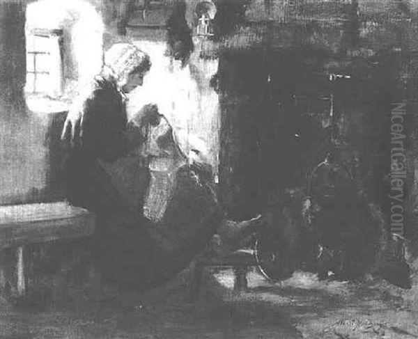 A Woman Sewing Near A Fireplace - view 1