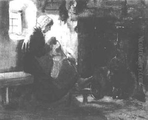 A Woman Sewing Near A Fireplace