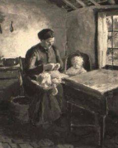 Mother Preparing A Meal With Her Children by Albert Johan (Jan) Neuhuys