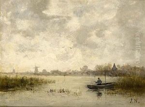 An Angler In A River Landscape by Jozef Neuhuys