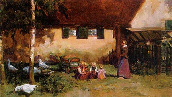 A Sunlit Farmyard With Children Playing Amongst Geese - view 1