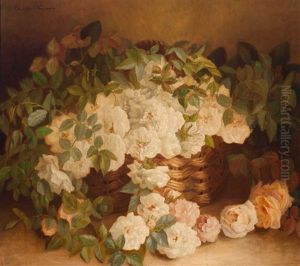 Wild Roses In A Wicker Basket by Clasine Carolina Frederica Neuman