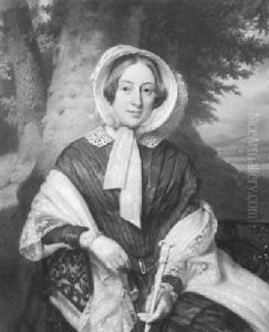 A Portrait Of A Young Lady Resting On A Cast-iron Bench In A Wooded Landscape by Johan Heinrich Neuman