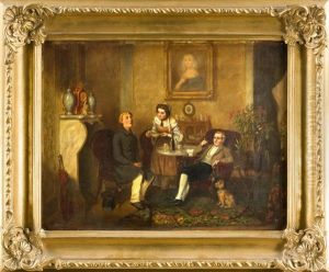 Die Peinliche Frage, Interieur Um 1860 Mit Drei Personen Um Den Zentralen Tisch, Detailreich Gestaltete, Zeittypische Einrichtung