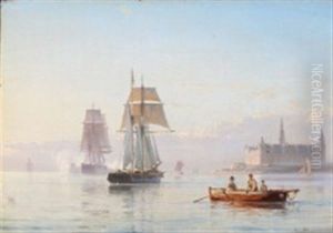 Ships Off The Coast At Kronborg Castle by Carl Johann Neumann