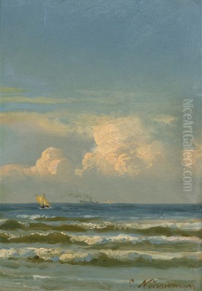 Kleines Segelboot Auf Dem Meer, Im Hintergrund Ein Dampfschiff - view 1
