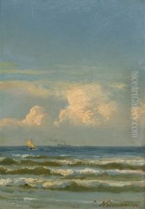 Kleines Segelboot Auf Dem Meer, Im Hintergrund Ein Dampfschiff by Carl Johann Neumann