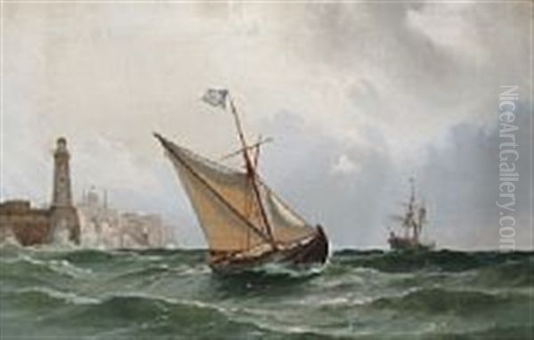 Naval Scenery With Greek Sailing Ship Outside A Port - view 1