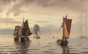 Sailing Ships In Oresund Marine, Opposite Kronborg Castle, Helsingor by Carl Johann Neumann
