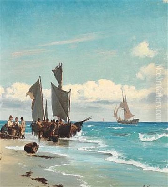 Coastal Scene With Fishermen At Their Boats On The Beach - view 1