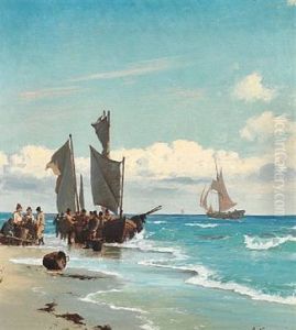 Coastal Scene With Fishermen At Their Boats On The Beach by Carl Johann Neumann
