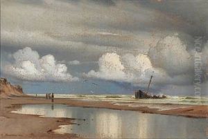 Coastal Scene With A Shipwreck On The Beach by Carl Johann Neumann