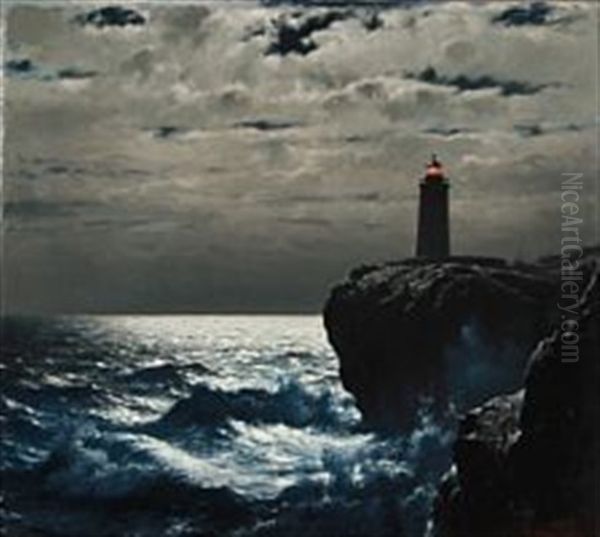 Rocky Coast With A Lighthouse That Lights In The Moonlight - view 1