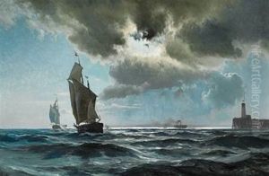 Seascape With Ships Near A Pier At Night
