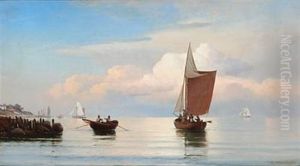Coastal Scene With Fishermen In Sailing Boats by Carl Johann Neumann