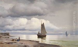 Calm Evening With Fishing Vessels Homeward Bound And Little Children Playing On The Beach