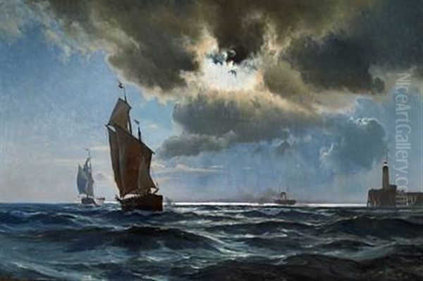Ships Off The Coast By Night - view 1