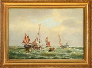 Marine With Fishing Boats And Others Ships On Open Sea by Carl Johann Neumann