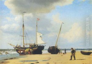 Sommerdag Pa Stranden Ved Fano Med Optrukne Bade, Figurer Og Studekoretoj