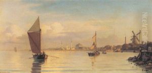 Parti Fra Kobenhavns Havn I Stille Vejr Med Oster Gasvaerk Og Mastekranen I Baggrunden