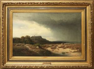 Grosformatige Landschaftsdarstellung Mit Einem Schafhirten Und Seiner Herde Bei Aufziehendem Gewitter by Emil (Friedrich) Neumann