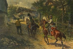 Tiroler Dorf An Einem Sommertag. Bauer Zeigt Berittenem Offizier Und Kavallerist Den Weg by Fritz Neumann