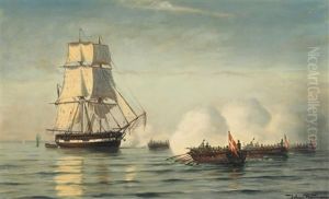 Battle Scenery Between Danish Canonboats An An English Brig Between 1807-1814 by Johan Jens Neumann