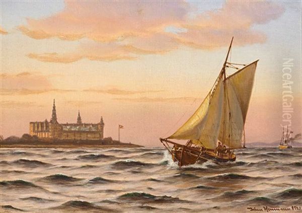 Das Malerische Seestuck Mit Einem Segelschiff Im Vordergrund Gibt Den Blick Frei Auf Die Festung Schloss Kronborg Auf Der Danischen Insel Seeland - view 1