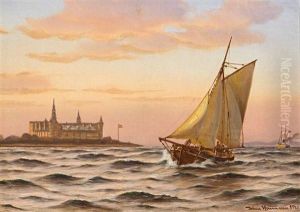 Das Malerische Seestuck Mit Einem Segelschiff Im Vordergrund Gibt Den Blick Frei Auf Die Festung Schloss Kronborg Auf Der Danischen Insel Seeland by Johan Jens Neumann