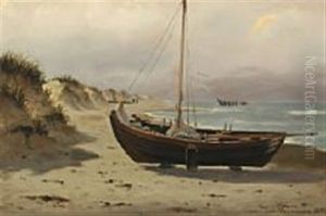 Coastal Scene With Fishing Boat by Johan Jens Neumann