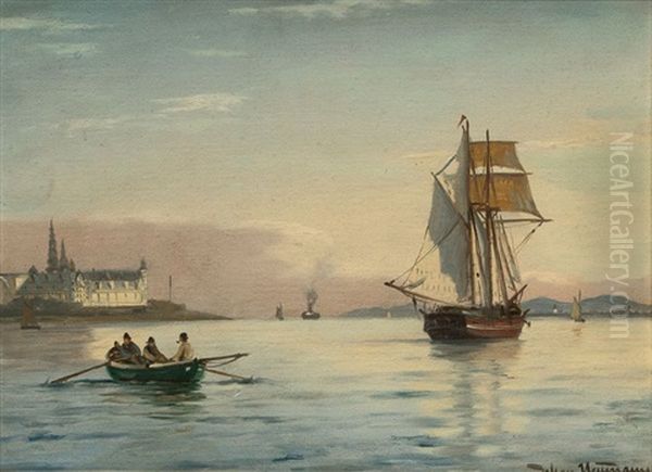 Sailing Ship And Rowing Boat Off Kronborg Castle - view 1