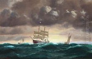 Seascape With Sailing Ships In Stormy Weather by Johan Jens Neumann