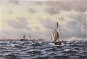 Seascape With Numerous Ships Near Kronborg Castle And Helsingborg by Johan Jens Neumann