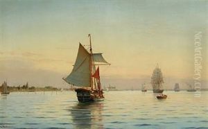 A Quiet Summer Evening With Numerous Sailing Ships And Motor Boat Off The Coast Near Kronborg Castle A Quiet Summer Evening With Numerous Sailing Ships And Motor Boat Off The Coast Near Kronborg Castle