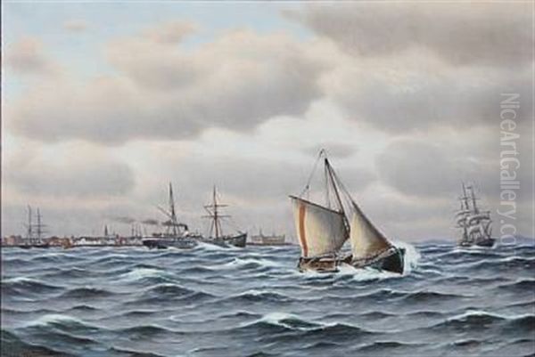 Seascape With Sailing Ships And Boats In High Waves, In The Background Kronborg Castle - view 1