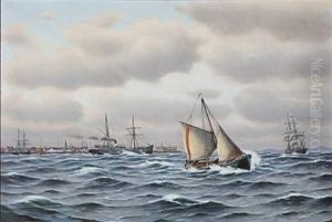 Seascape With Sailing Ships And Boats In High Waves, In The Background Kronborg Castle by Johan Jens Neumann