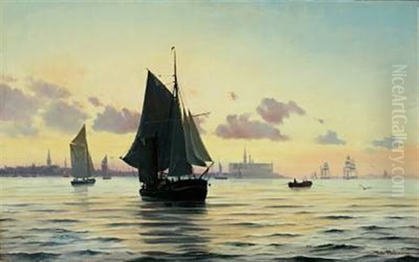 Seascape With Sailing Ships In The Evening Sun, In The Background Kronborg Castle - view 1