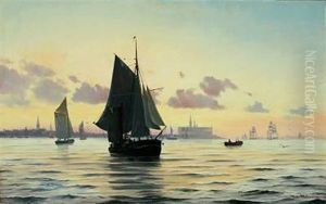 Seascape With Sailing Ships In The Evening Sun, In The Background Kronborg Castle