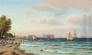 Sailing Boats Along The Coast Of Helsingor, In The Background Kronborg Castle