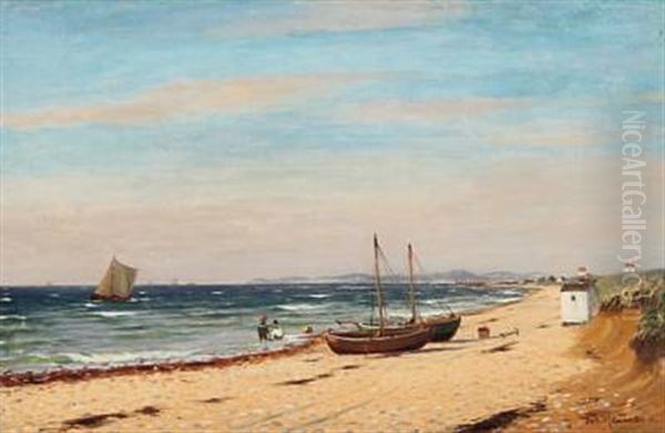 Seashore With Several Sailing Ships In The Front Playing Children And Boats On The Shore - view 1