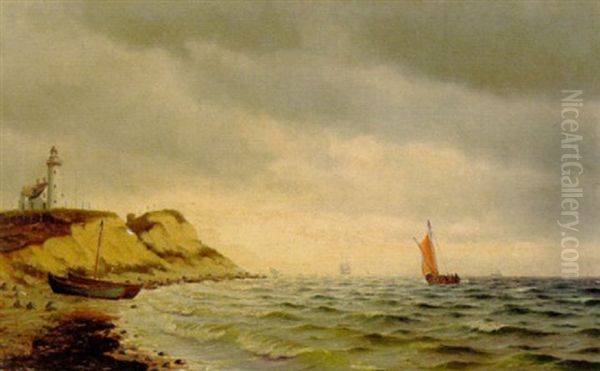 Kystparti Med Fyrtarn Pa Klint Og Sejlskibe Pa Havet - view 1