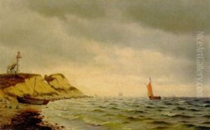 Kystparti Med Fyrtarn Pa Klint Og Sejlskibe Pa Havet by Johan Jens Neumann
