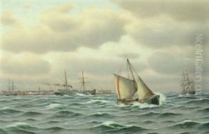 Marine Med Sejlskibe Og Damper Ud For Kronborg, I Baggrunden Helsingor