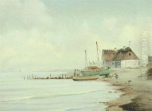 Parti Fra Sjaellands Odde Med Fiskerhuse Og Sejlbade I Strandkanten by Johan Jens Neumann