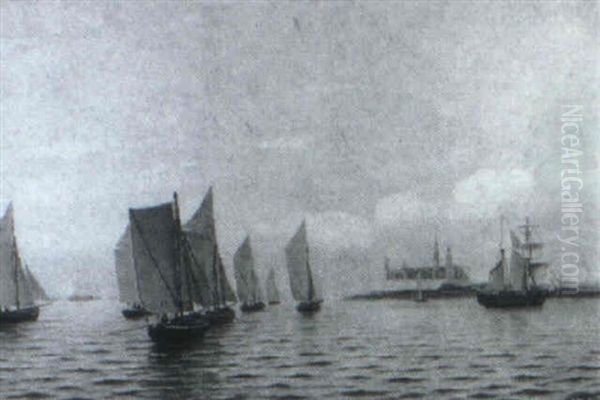 Kystparti Med Talrige Sejlskibe Udfor Kronborg - view 1
