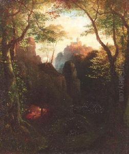 Romantische Waldlandschaft Mit Blick Auf Eine Burganlage by Eugen Neureuther