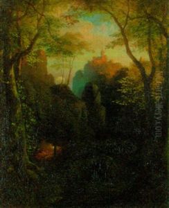 Waldlandschaft Mit Einer Burg Auf Einer Bergeskuppe In Der Ferne by Eugen Neureuther