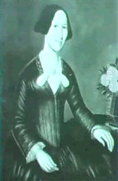 Portrait Of A Seated Lady Wearing A Green Dress With A Pink Bow - view 1